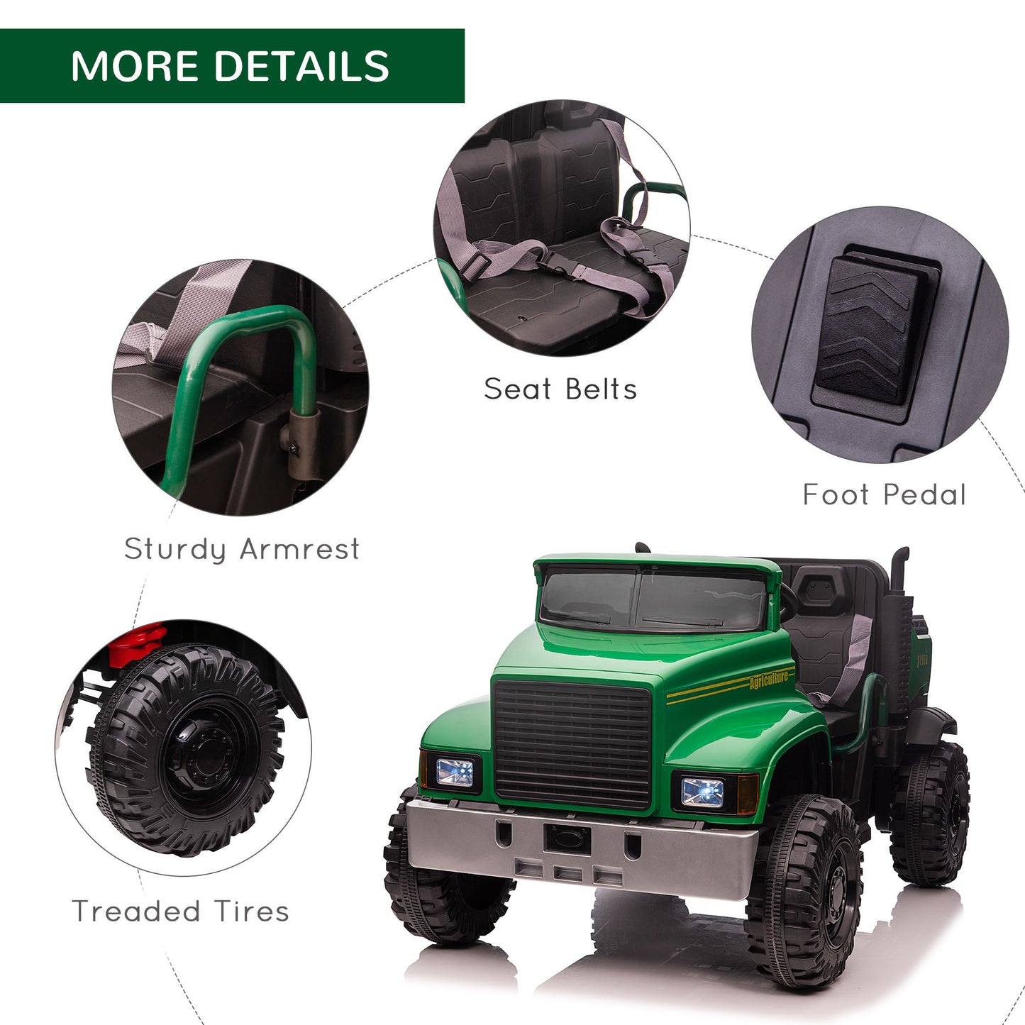 Aosom Ride-on Tractor 2-Seater Battery-Powered Car for Kids with Large High-Traction Wheels, 12V Truck Ride-on Toy with Rear Storage, Outdoor Toy, Green