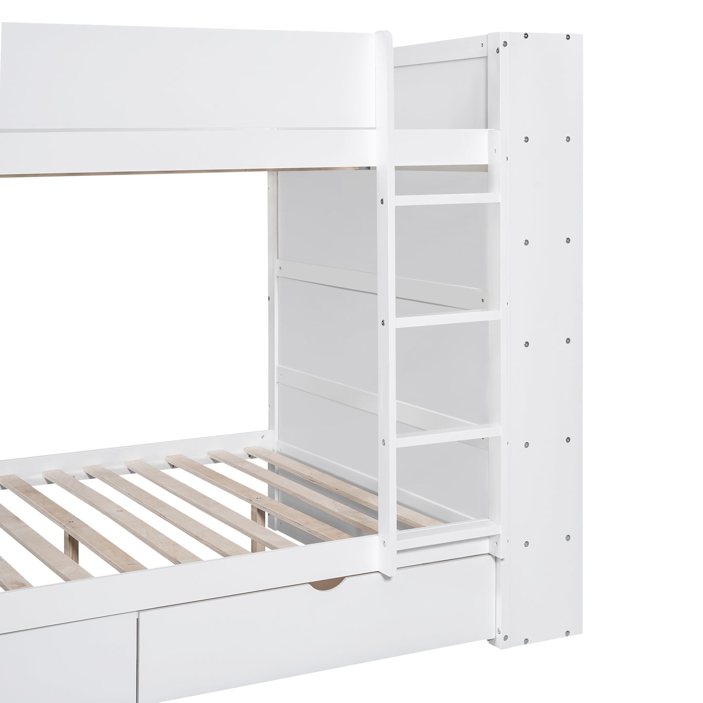 White Full over Full Bunk Bed with Bonus Storage and Multi-layer Cabinet