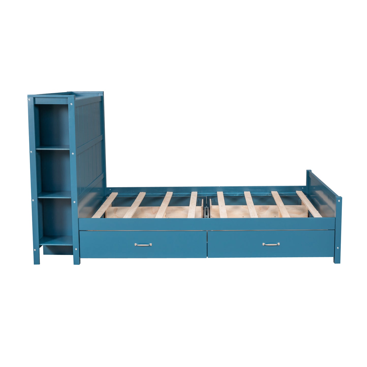 Full Size Platform Bed with Drawers and Storage Shelves, Blue