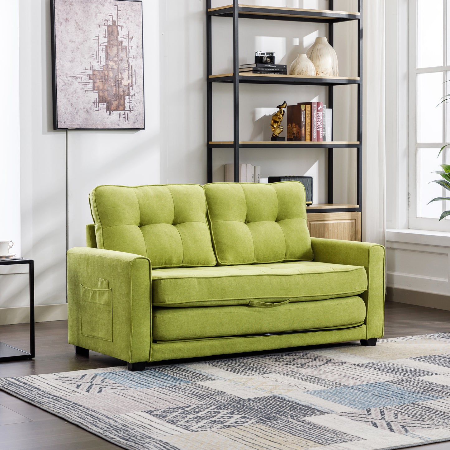 Loveseat Sofa with Pull-Out Bed, Green Chenille Upholstery