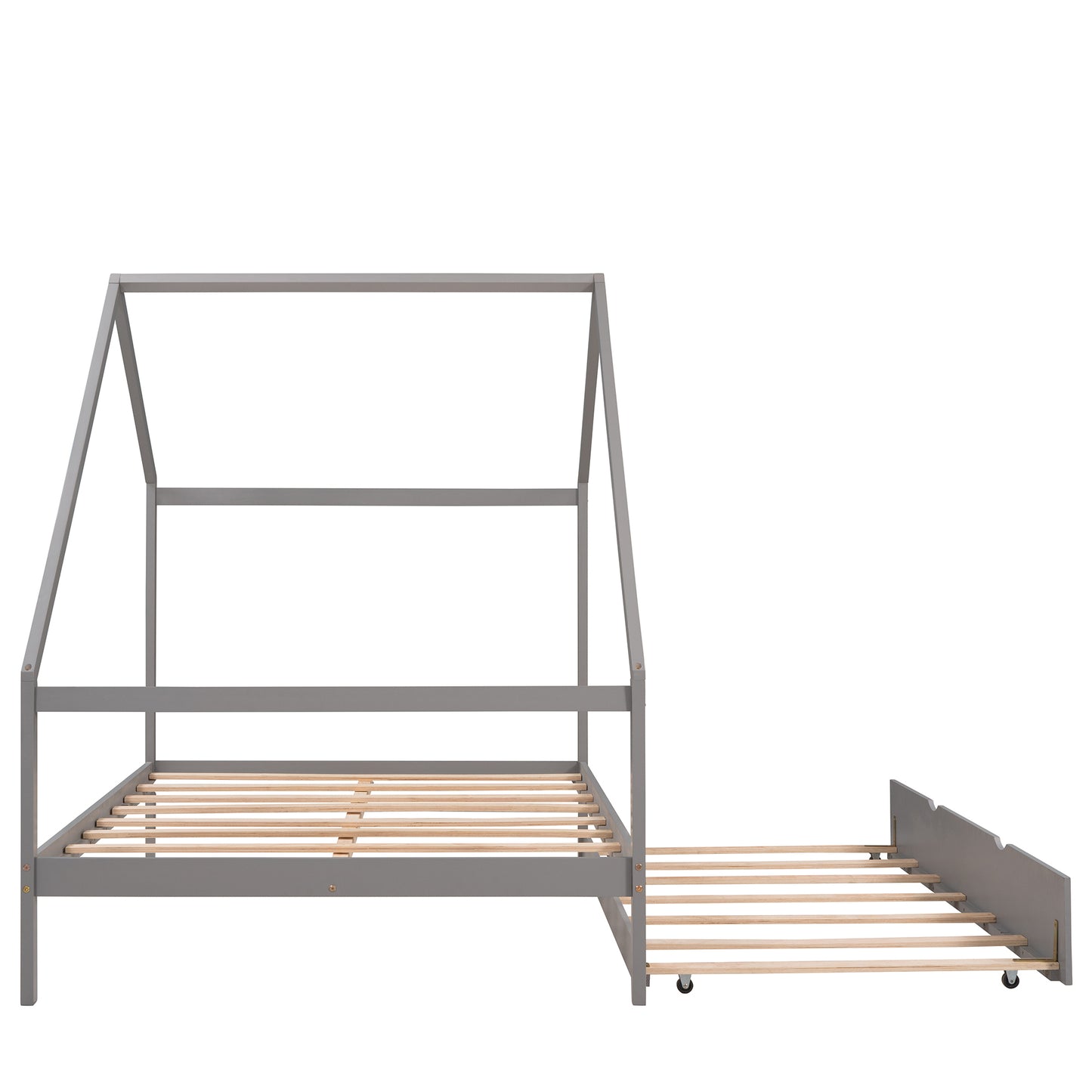 Full Size Wooden House Bed With Twin Size Trundle, GRAY