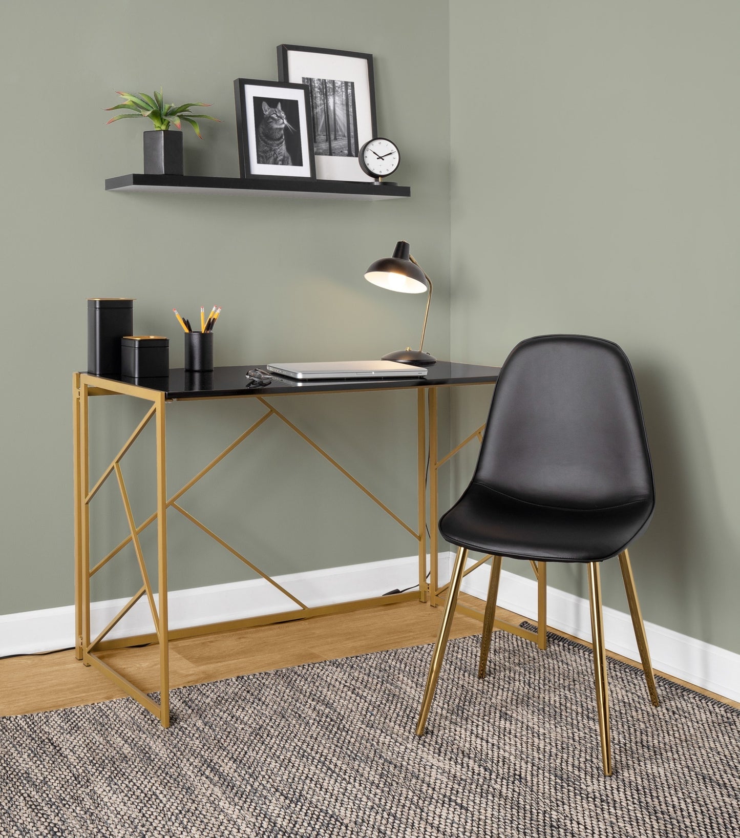 LumiSource Folia Modern Office Desk with Gold Steel and Black Wood