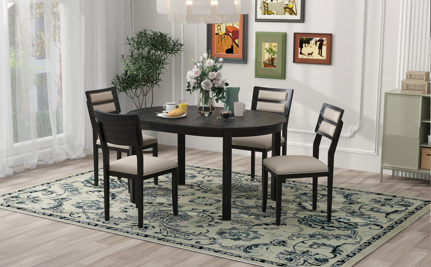 TREXM 5-Piece Multifunctional Dining Table Set, Farmhouse Dining Set with Extendable Round Table,Two Small Drawers and 4 Upholstered Dining Chairs for Kitchen and Dining Room (Black)