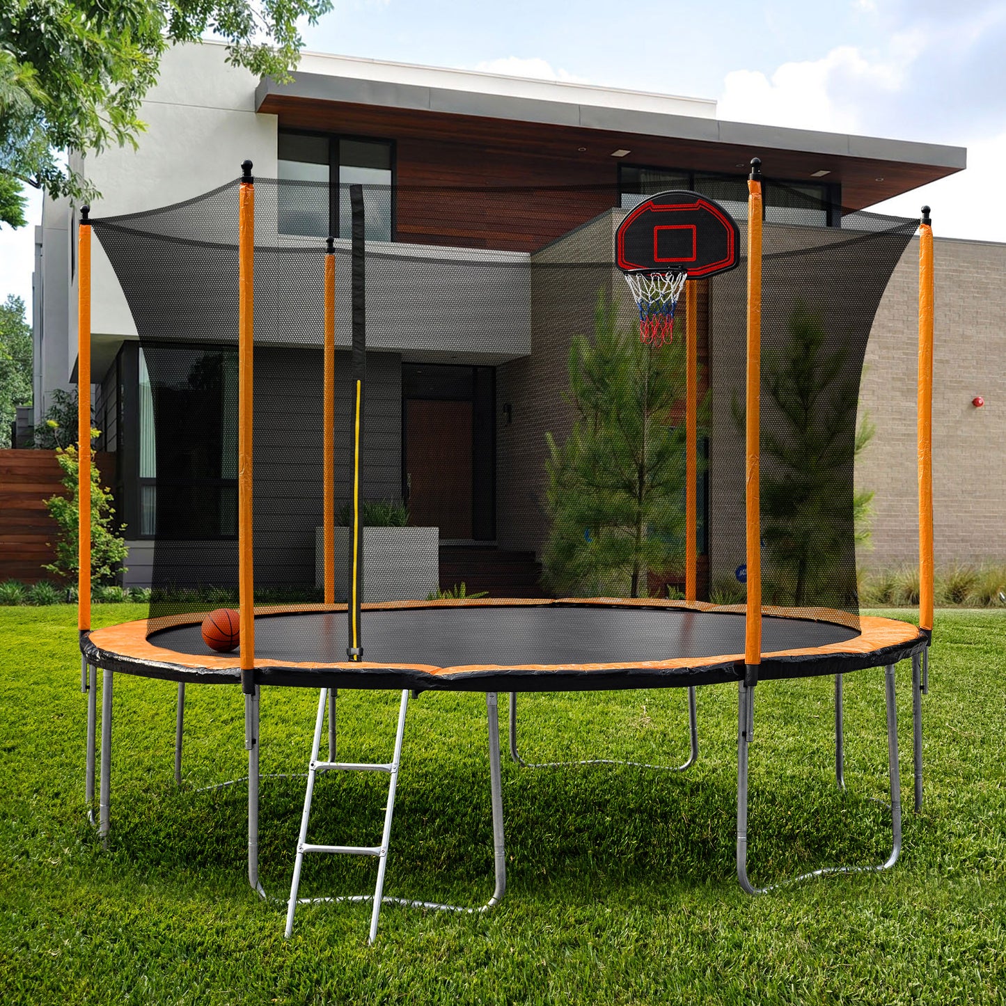 15FT Trampoline with Basketball Hoop Inflator and Ladder(Inner Safety Enclosure) Orange