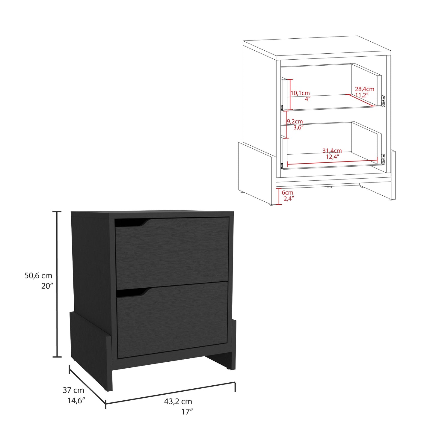 Nightstand Brookland, Bedside Table with Double Drawers and Sturdy Base, Black Wengue Finish