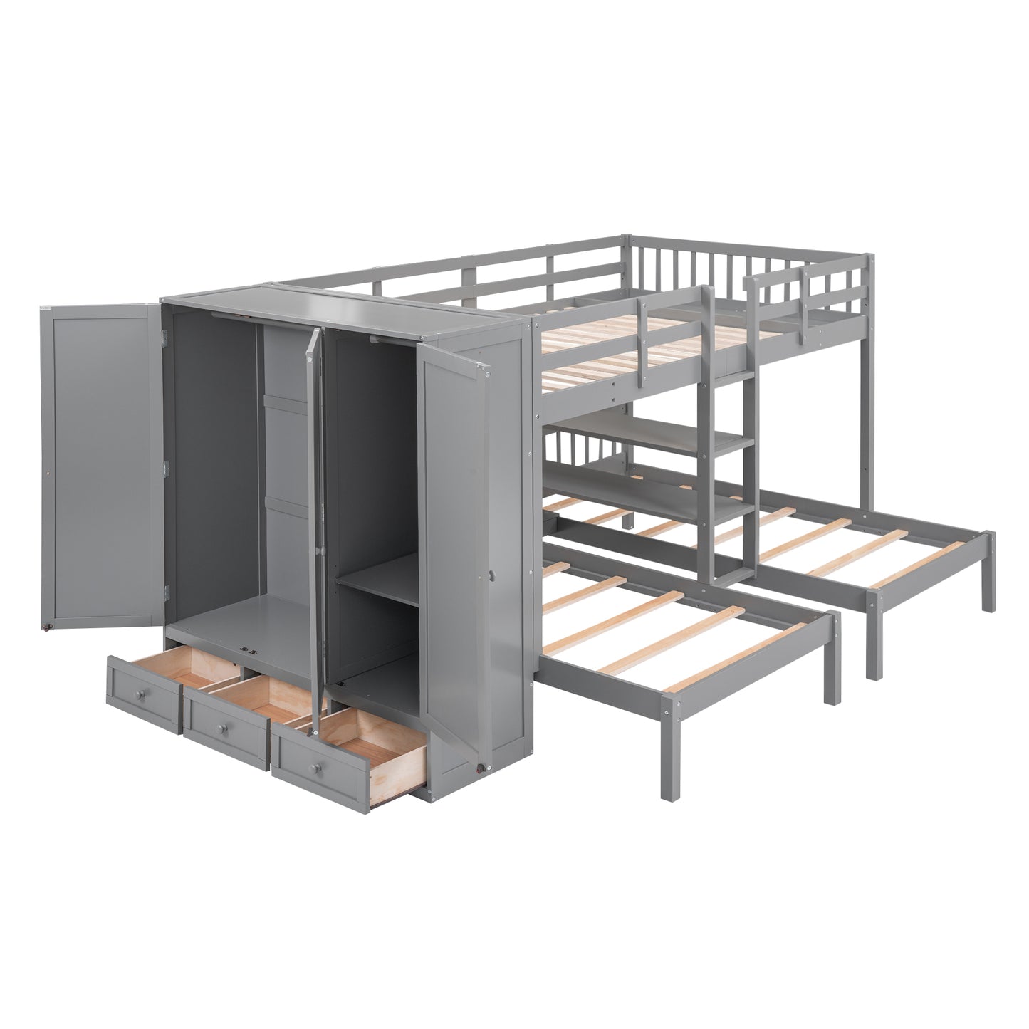 Gray Twin-Twin over Full Bunk Bed with Shelves, Wardrobe, Mirror