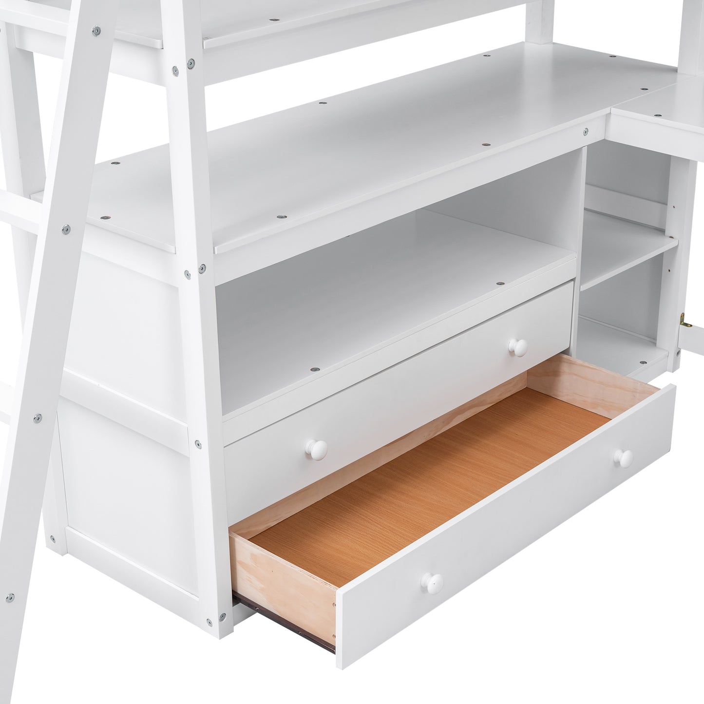 Full Size Loft Bed with Desk and Shelves,Two Built-in Drawers,White(: SM000416AAK)