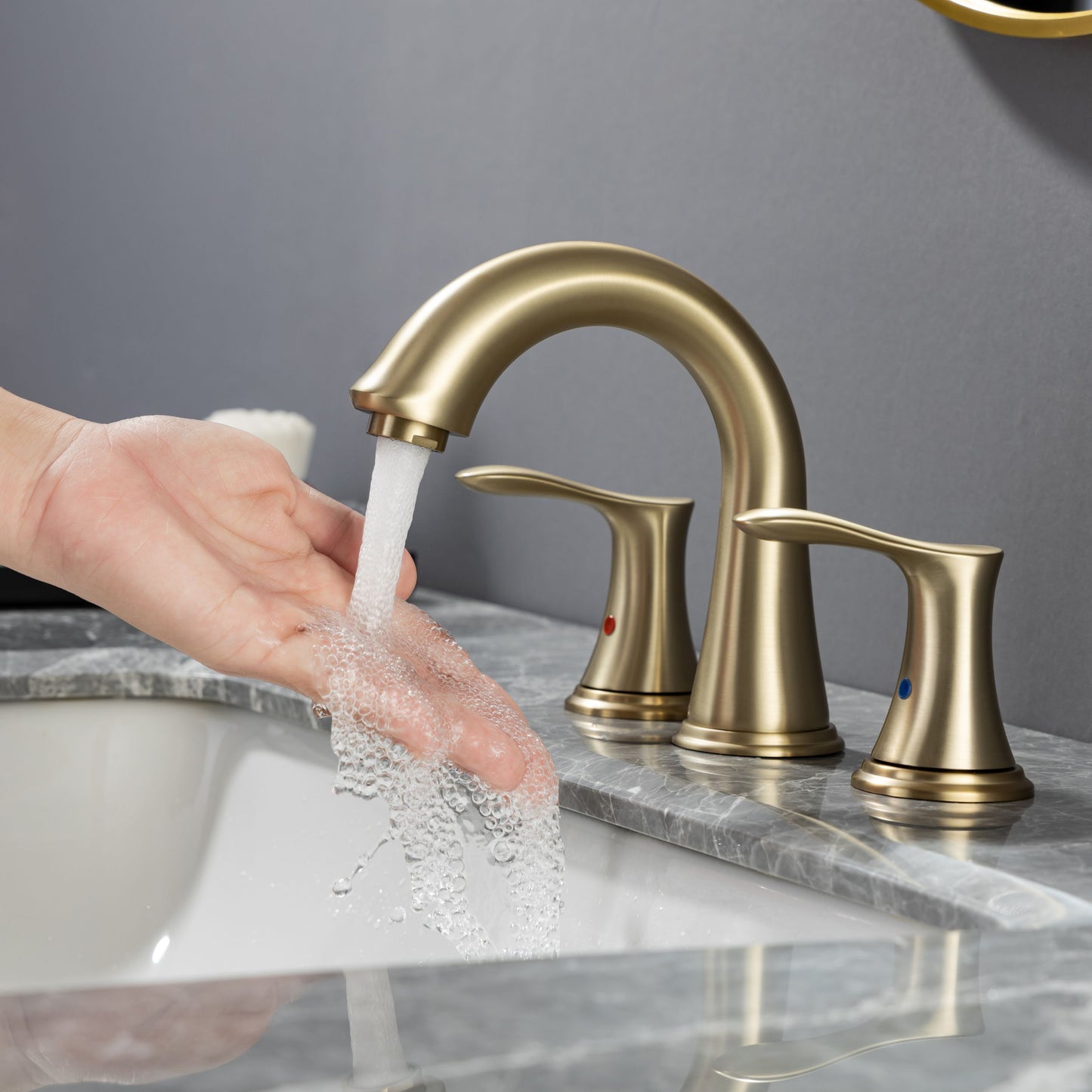 Modern Brushed Gold Widespread Bathroom Faucet Complete With Drain Assembly