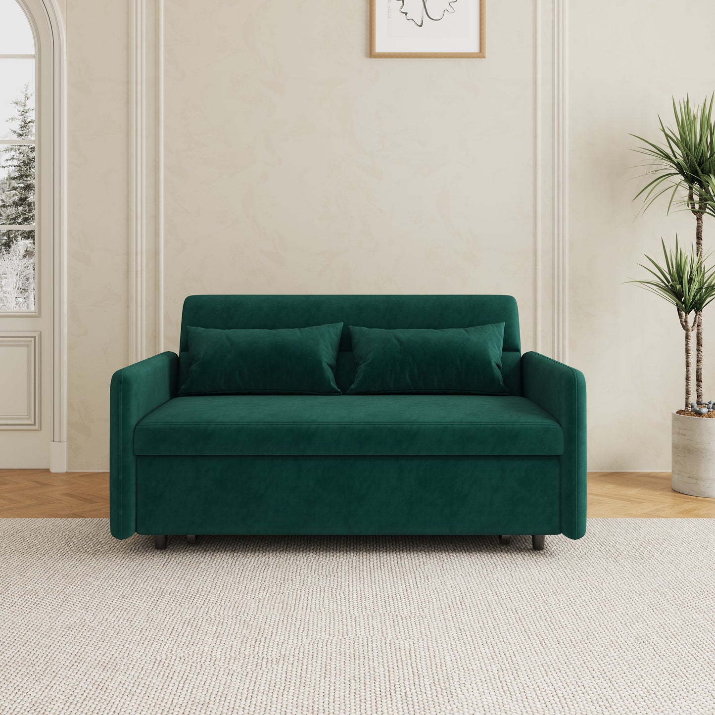 Sofa Pull Out Bed Included Two Pillows 54" Green Velvet Sofa for Small Spaces