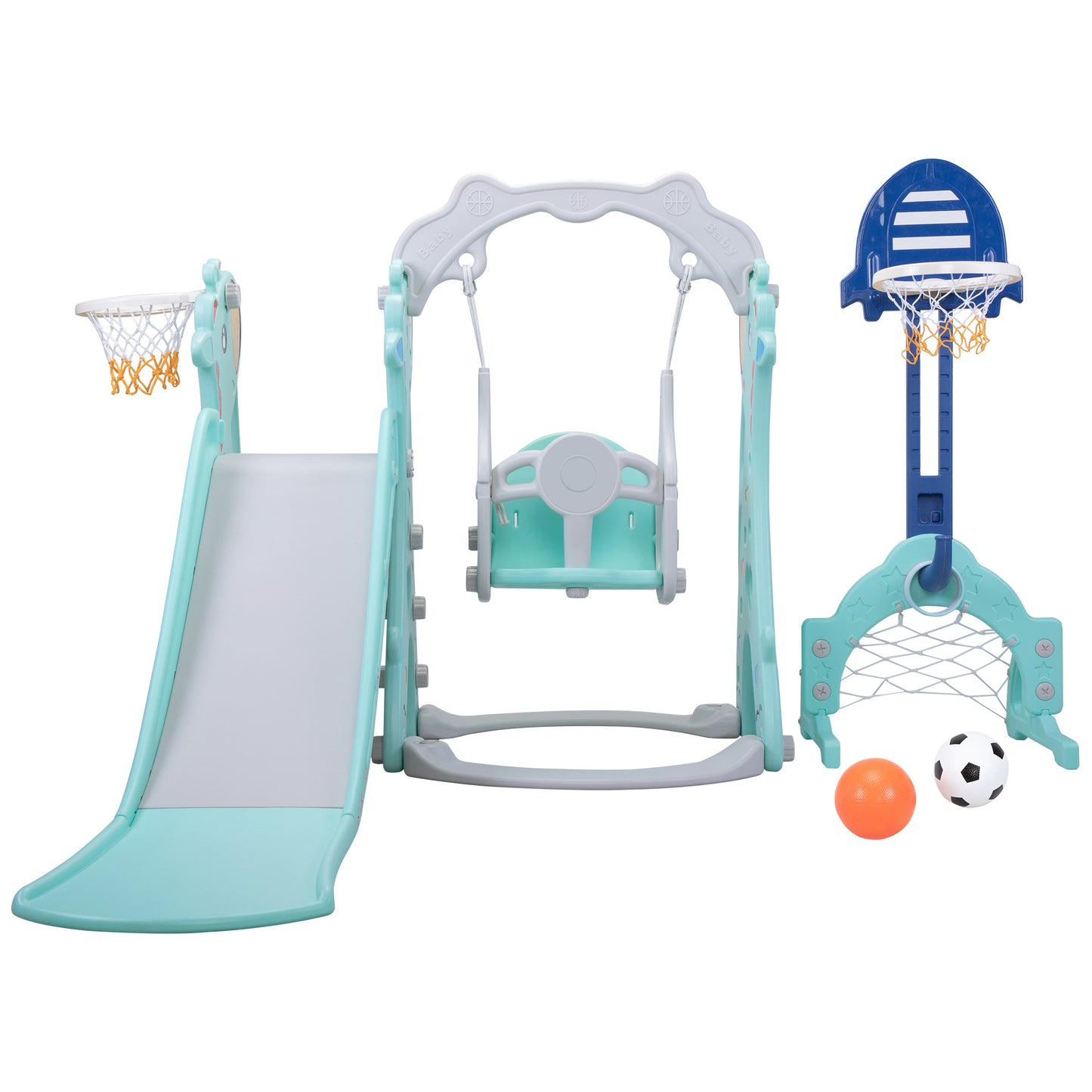 5-in-1 Toddler Slide and Swing Playground Set with Basketball Hoops, Football, and Ringtoss - Indoor and Outdoor Use