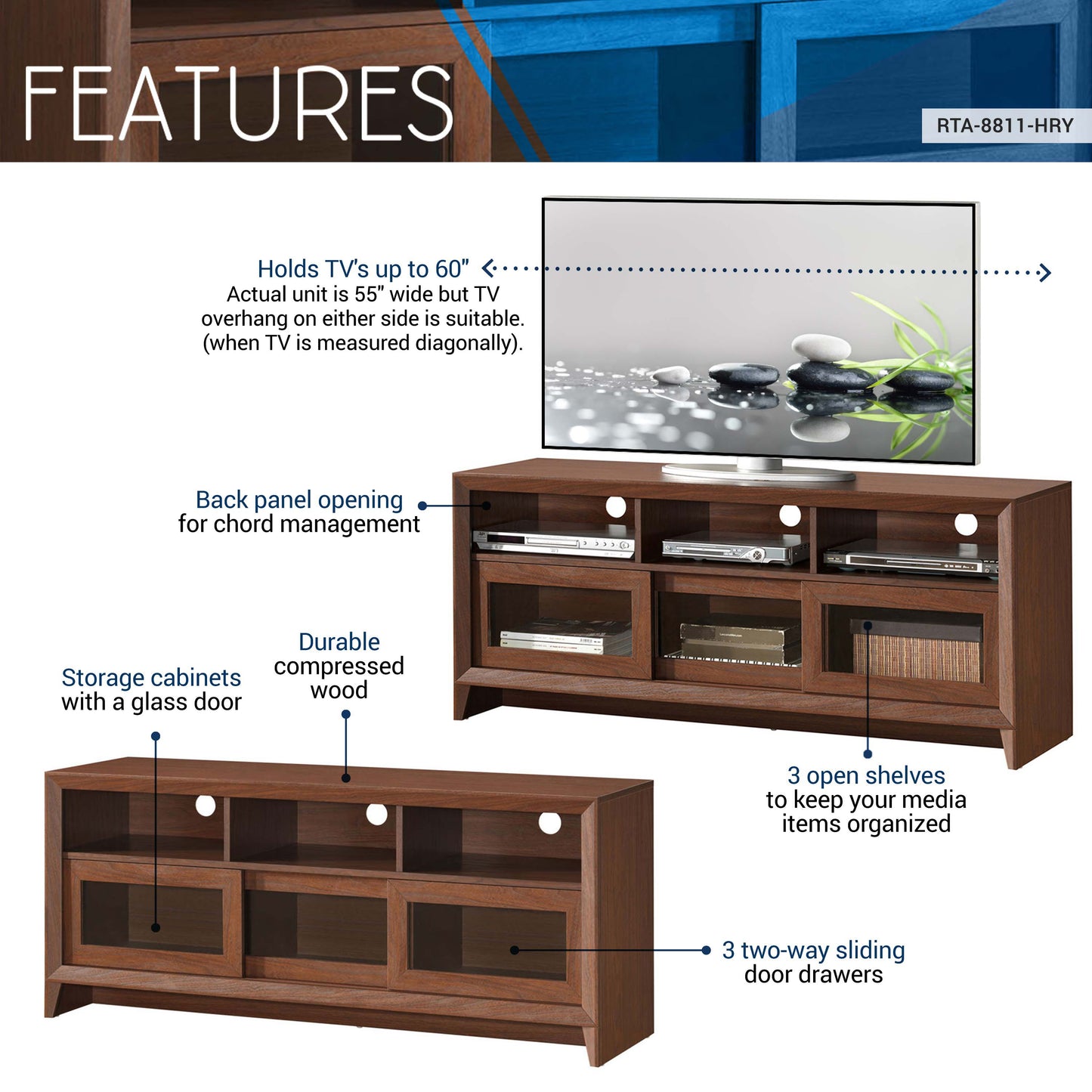 Hickory Modern TV Stand with Storage for 60 TVs