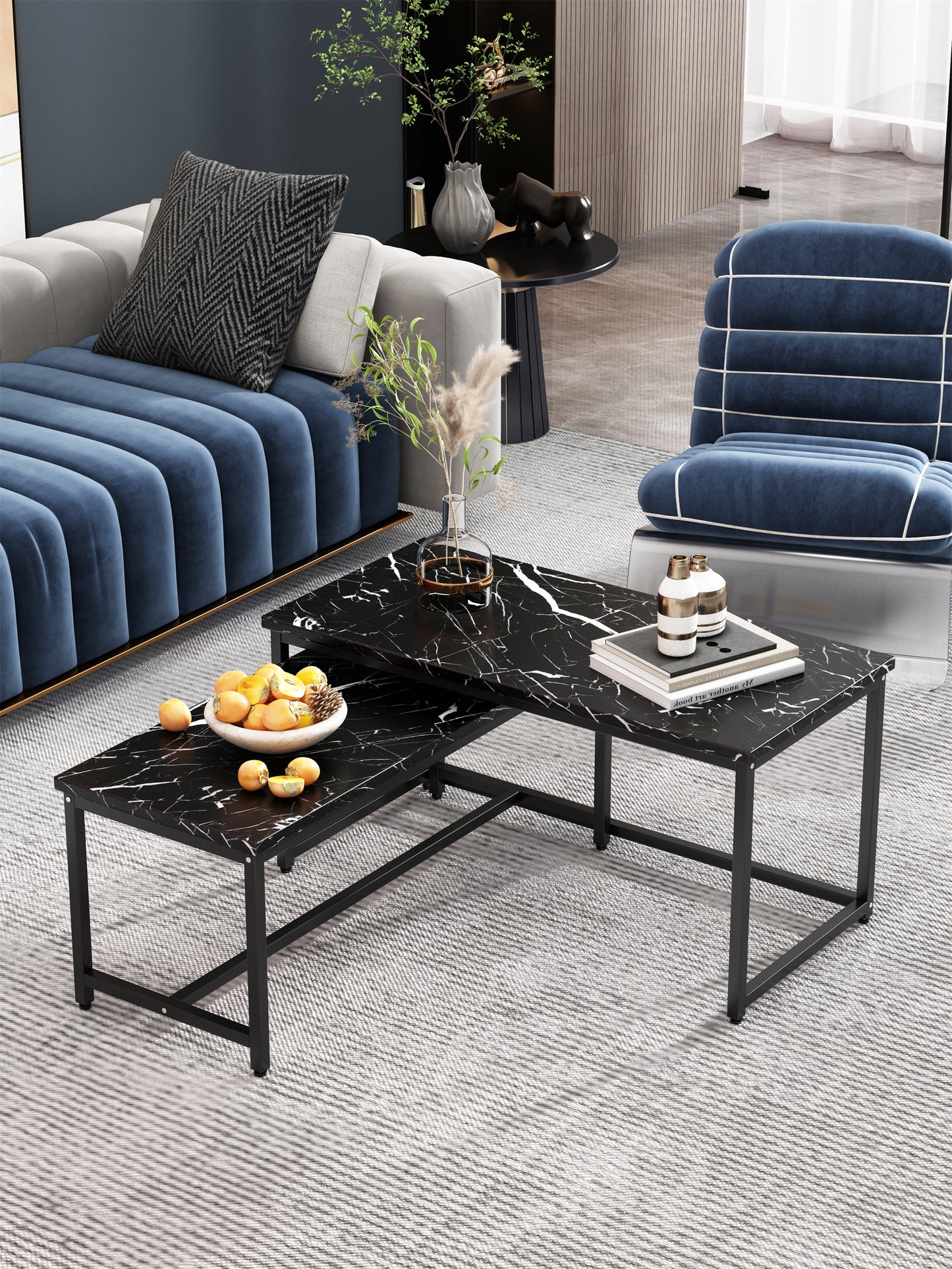 Elegant Marble Black Nesting Coffee Tables, 2-Piece Set