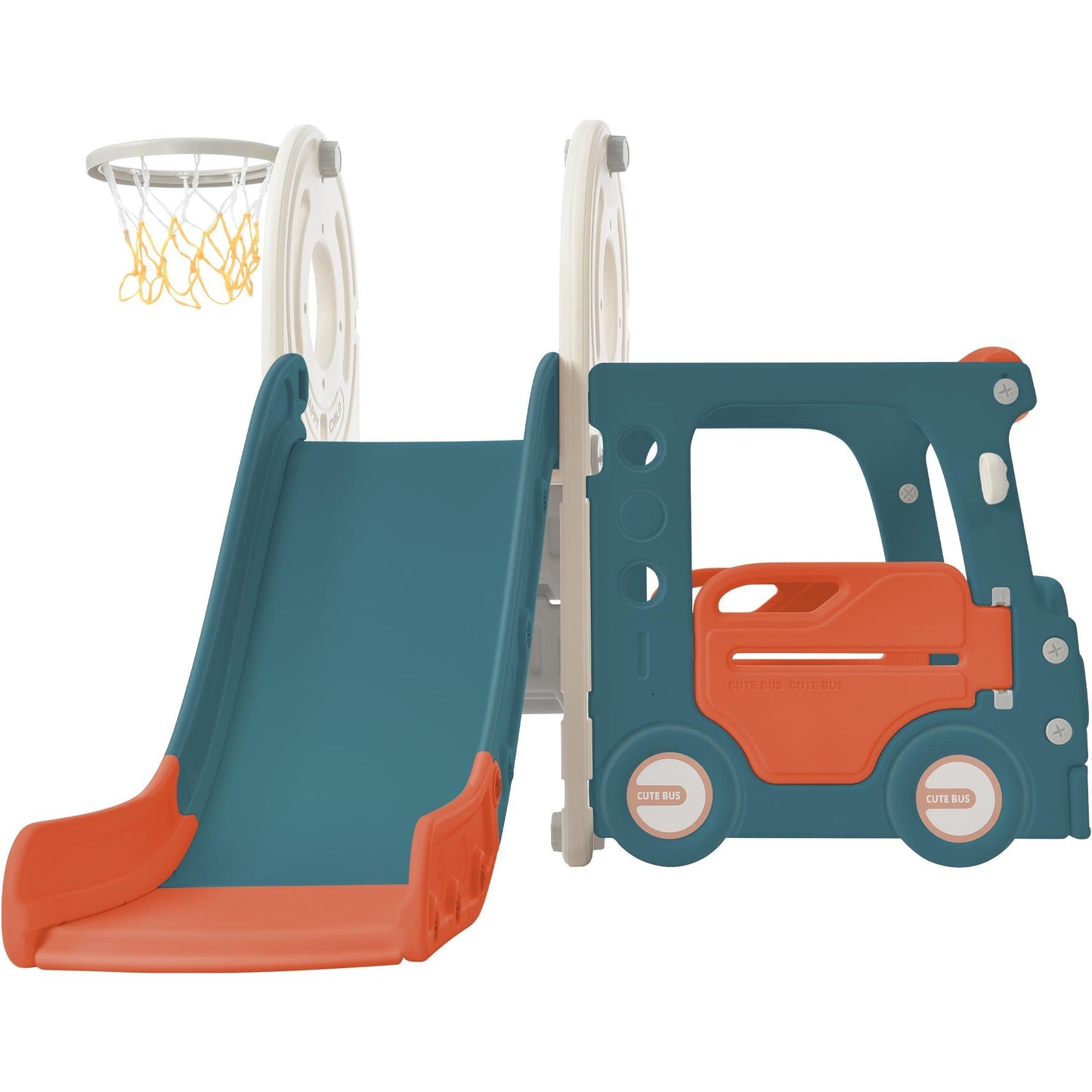 Children's Freestanding Bus Slide and Play Structure with Basketball Hoop