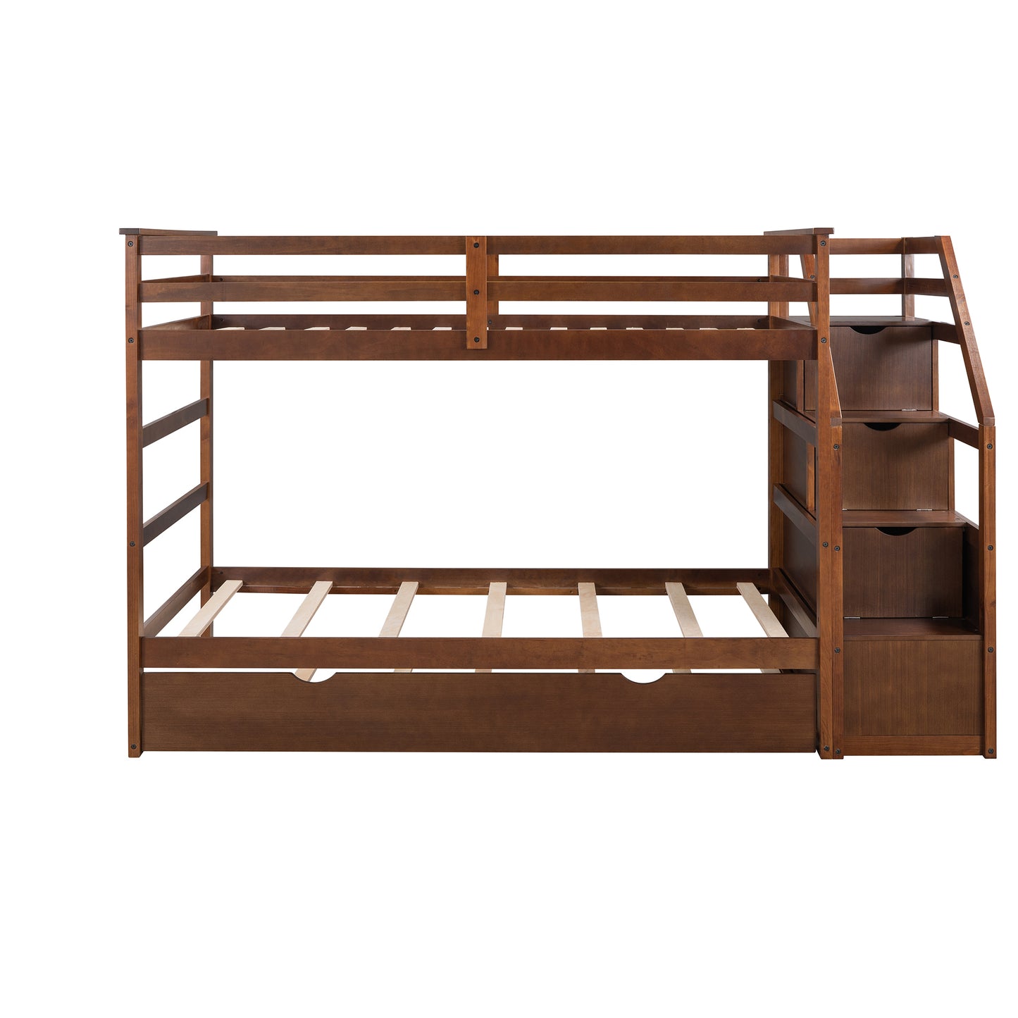 Elegant Walnut Finish Twin Bunk Bed with Trundle, Stairs, and Storage