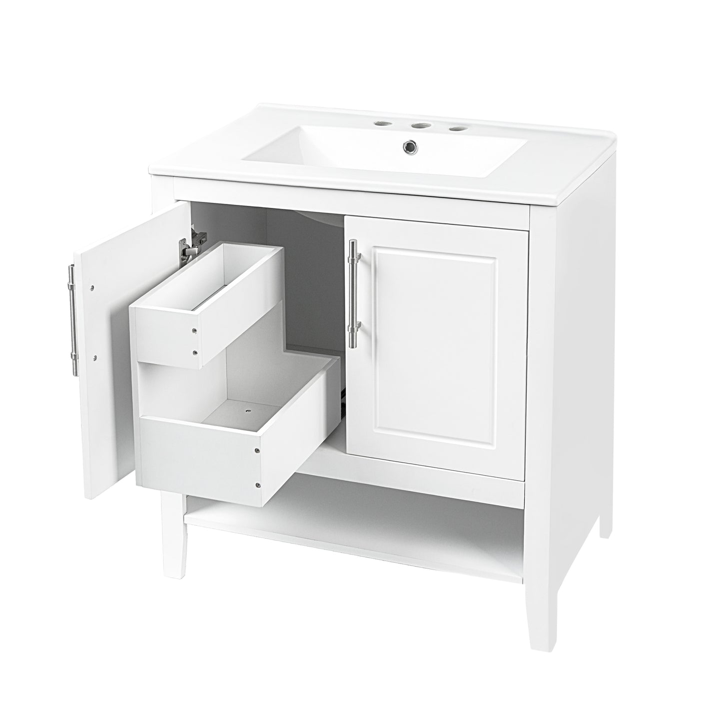 30" Bathroom Vanity with Sink, Multi-functional Bathroom Cabinet with Doors and Drawers, Solid Frame and MDF Board, White