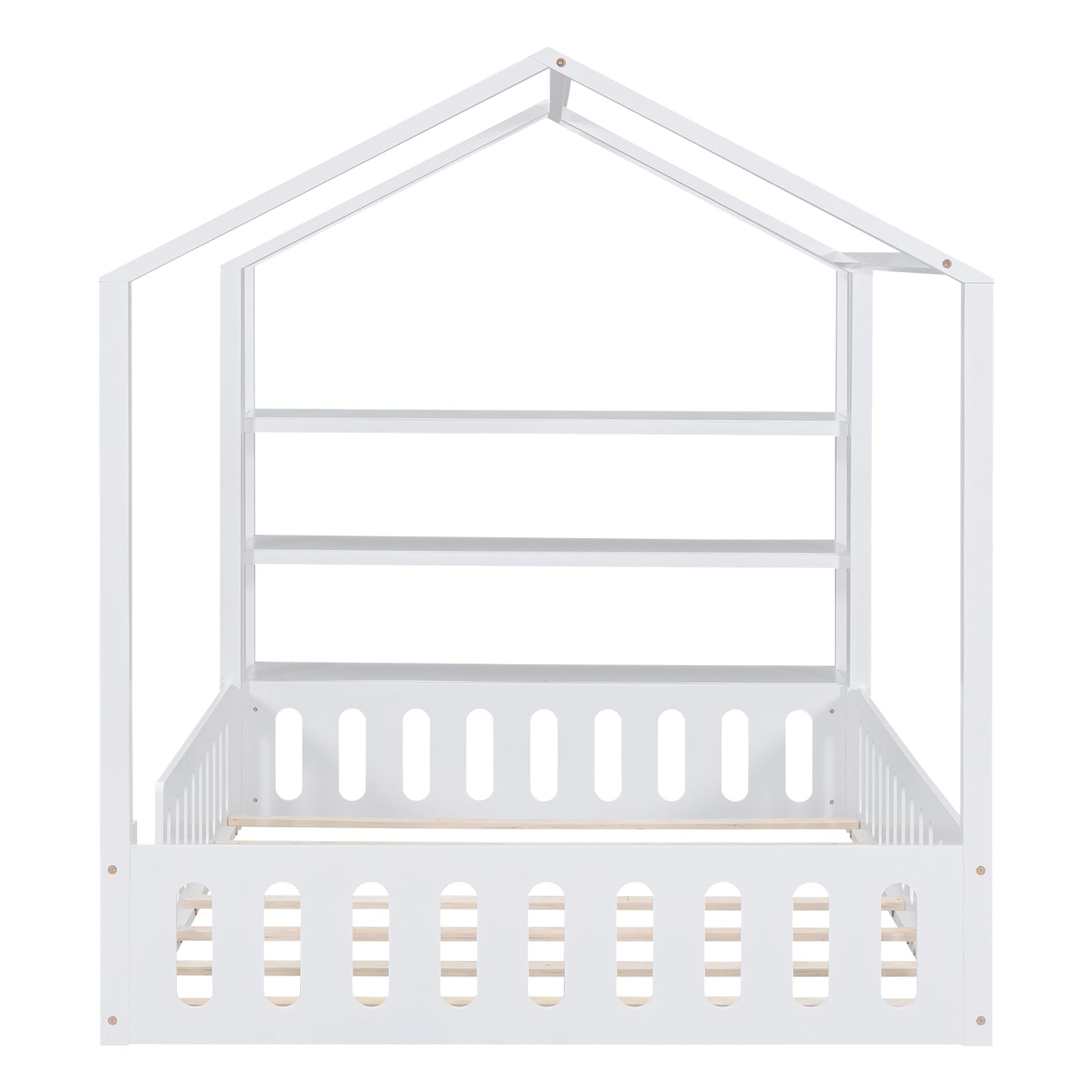 Full Size Wood House Bed with Fence and Detachable Storage Shelves, White(Expected Arrival Time: 1.7)