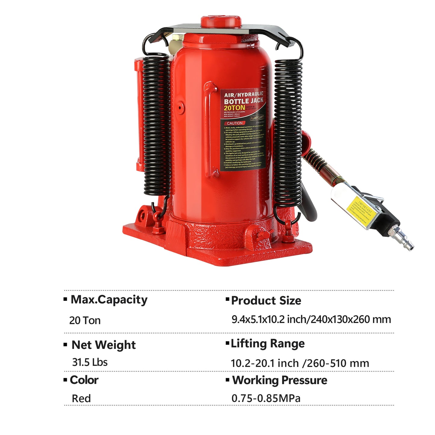 20 Ton Air Hydraulic Bottle Jack with Manual Hand Pump for Automobile and Heavy Equipment Maintenance