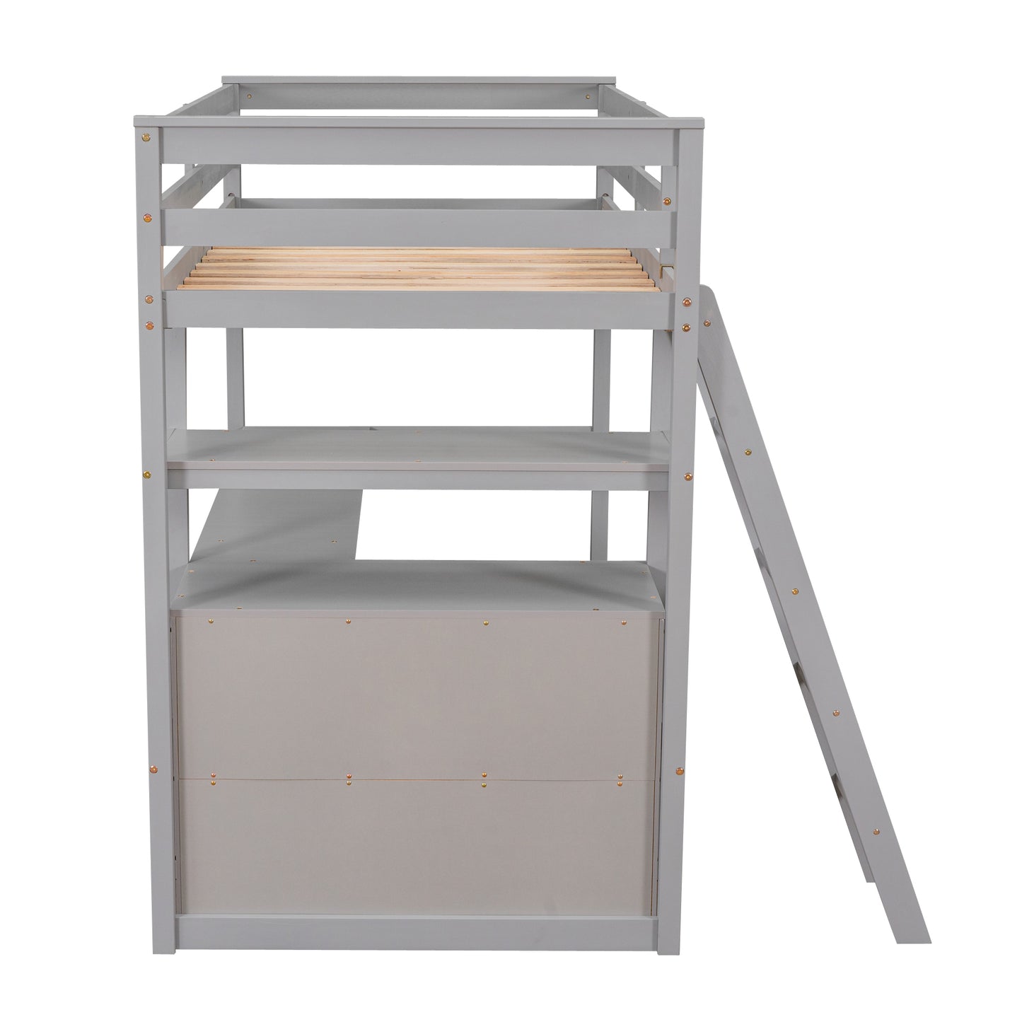 Twin Size Loft Bed with Desk and Shelves, Two Built-in Drawers, Gray(:GX000803AAE-1)