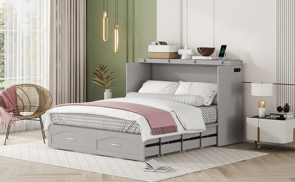 Queen Size Murphy Bed Wall Bed with drawer and a set of Sockets & USB Ports, Pulley Structure Design, Gray