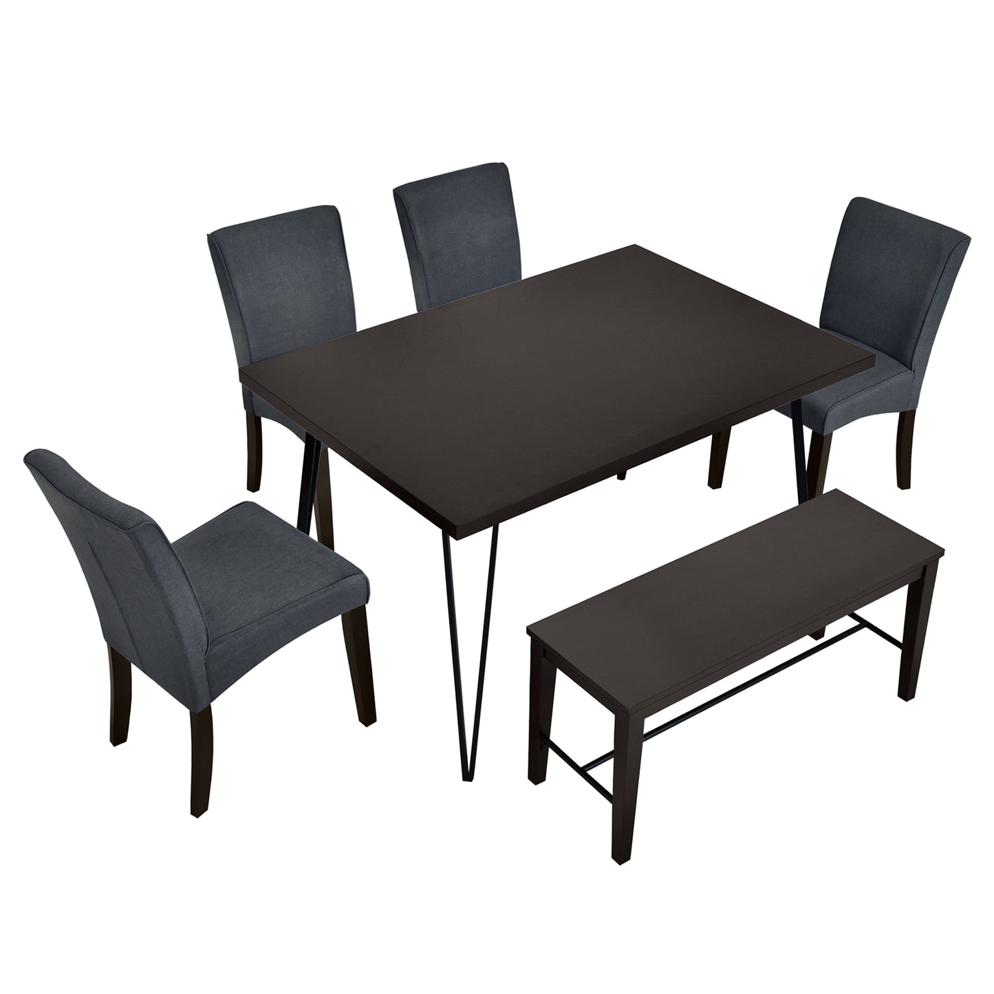 Modern 6-Piece Dining Table Set with V-Shape Metal Legs, Wood Kitchen Table Set with 4 Upholstered Chairs and Bench for 6,Espresso