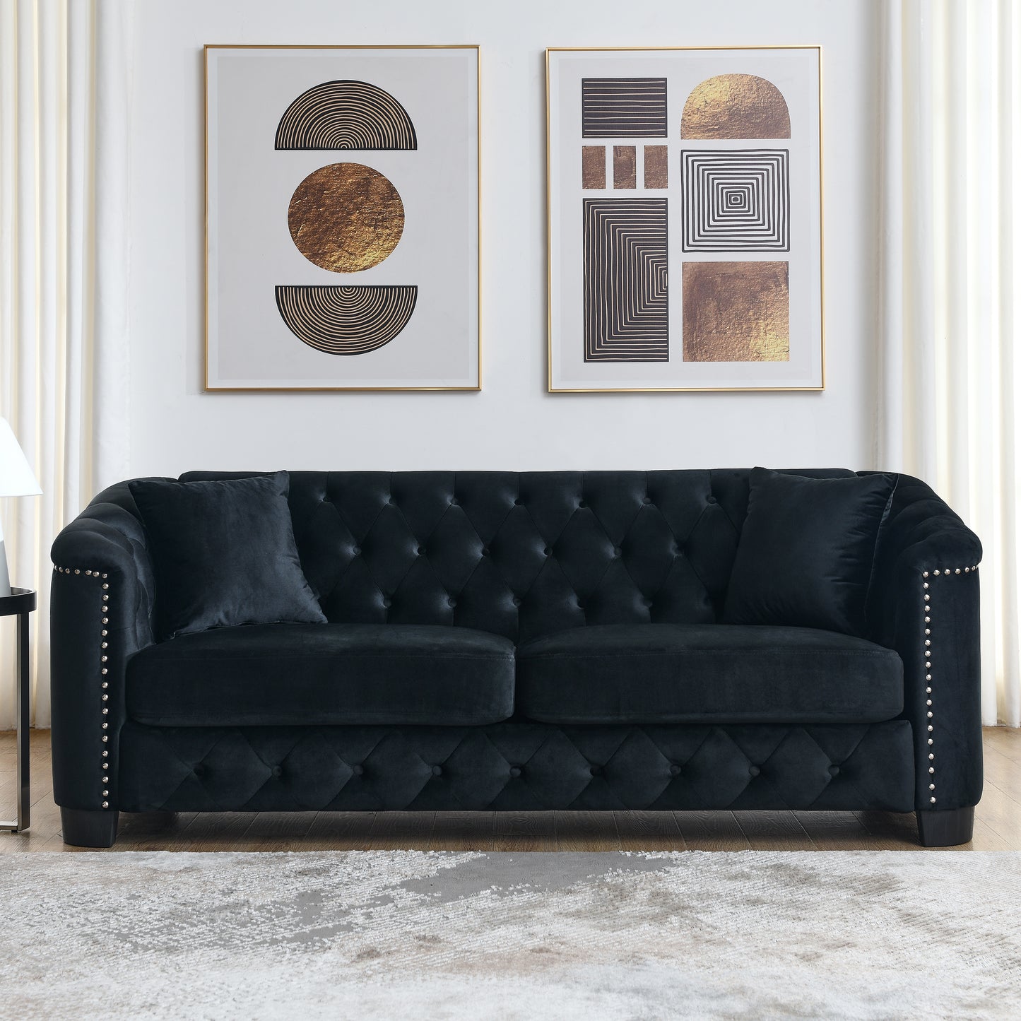 3-Piece Velvet Black Sofa Set with Two Pillows