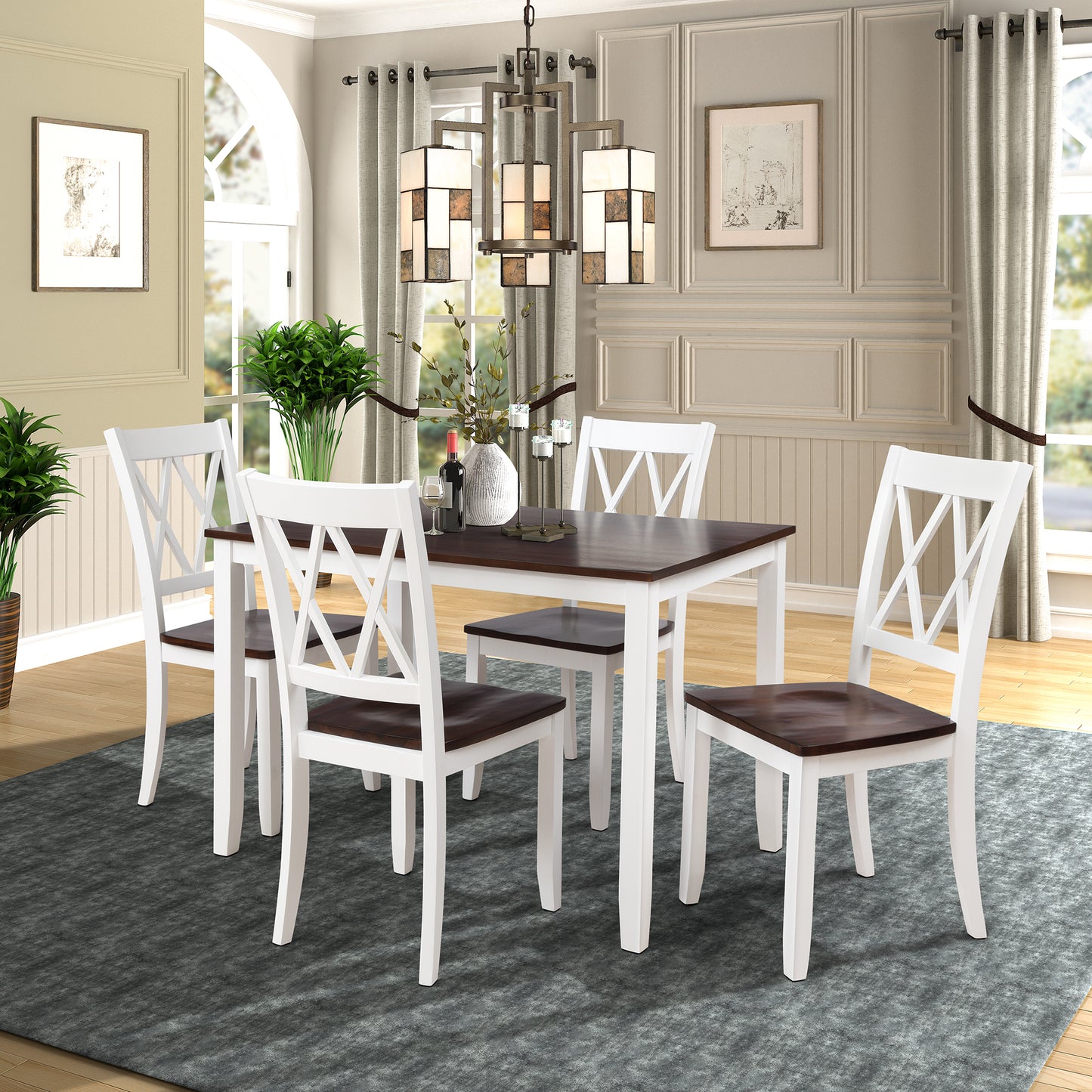 5-Piece Dining Table Set Home Kitchen Table and Chairs Wood Dining Set, White+Cherry