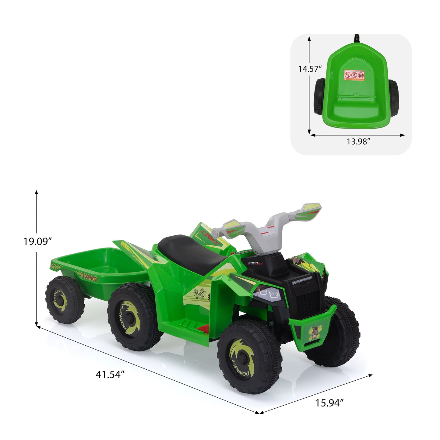 6V Kids Electric ATV, Toddler Ride on Car with Trailer, Music, Bluetooth and Power Display for Boys and Girls, Green