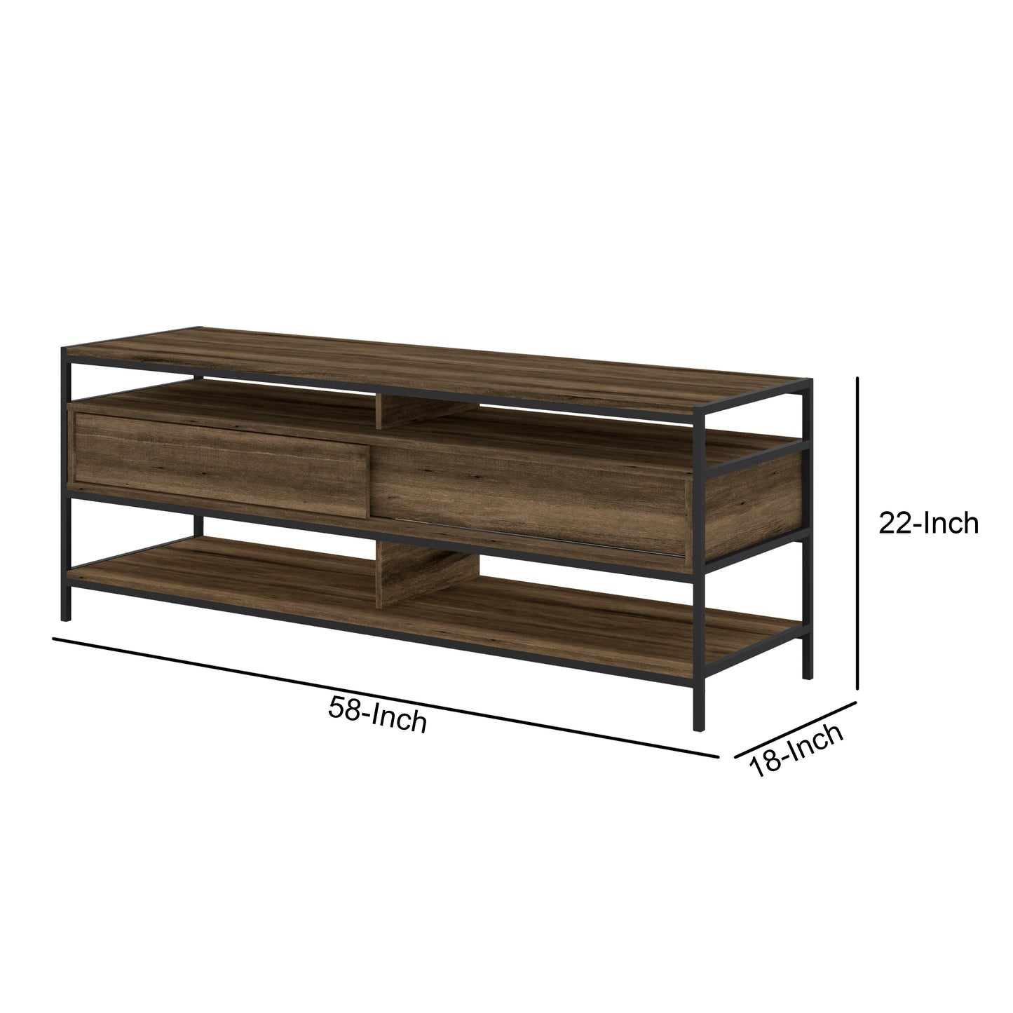 58 Inch Modern Wood and Metal TV Stand with 2 Drawers, Brown and Black