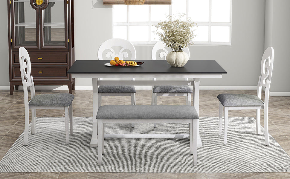 Mid-Century 6-Piece Trestle Table Set with Victorian Round Upholstered Dining Chairs and Long Bench, Gray+Antique White