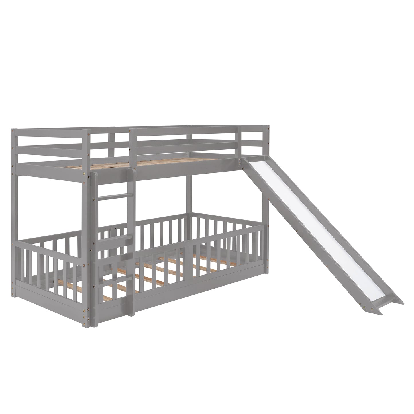 Gray Twin Bunk Bed with Slide, Ladder, and Space-Saving Design for Cozy Bedrooms