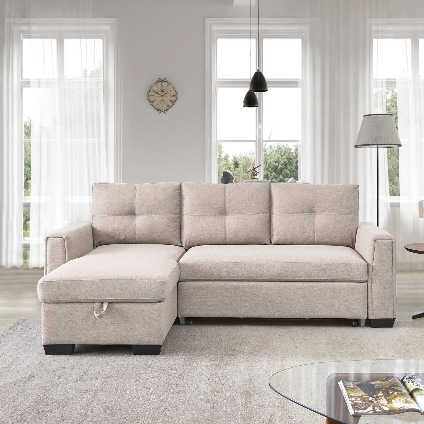 Modular Beige Fabric Sectional Sofa Bed with Storage Chaise & Convertible Sleeper