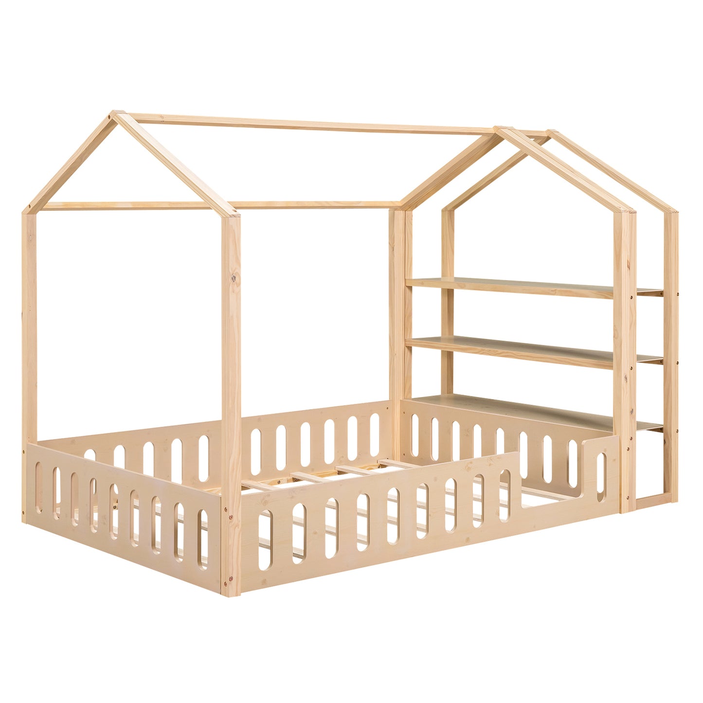 Full Size Wood House Bed with Fence and Detachable Storage Shelves, Natural (Expected Arrival Time: 1.7)