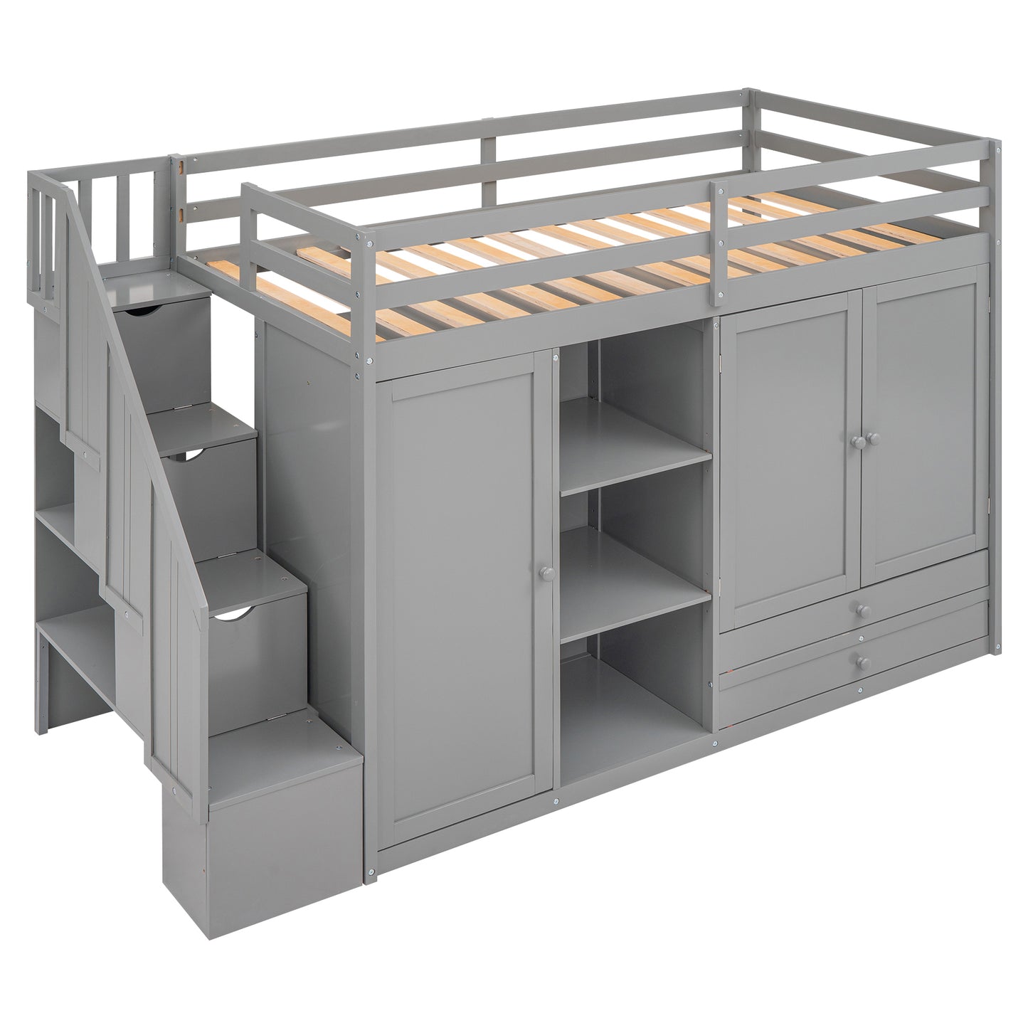 Functional Loft Bed with 3 Shelves, 2 Wardrobes and 2 Drawers,  Ladder with Storage, No Box Spring Needed, Gray