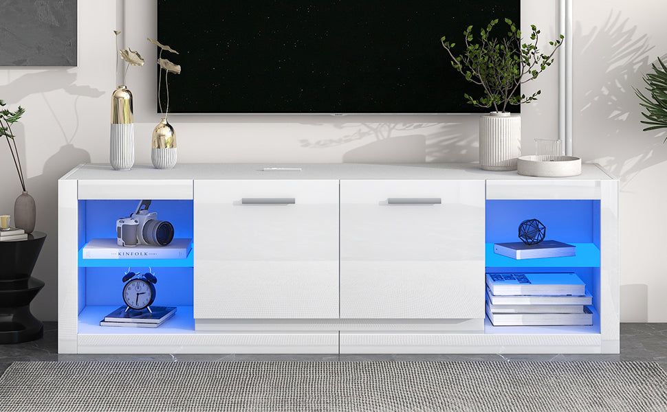 Glossy White TV Stand with LED Lights and Glass Shelves for TVs Up to 70'' - Stylish Entertainment Center