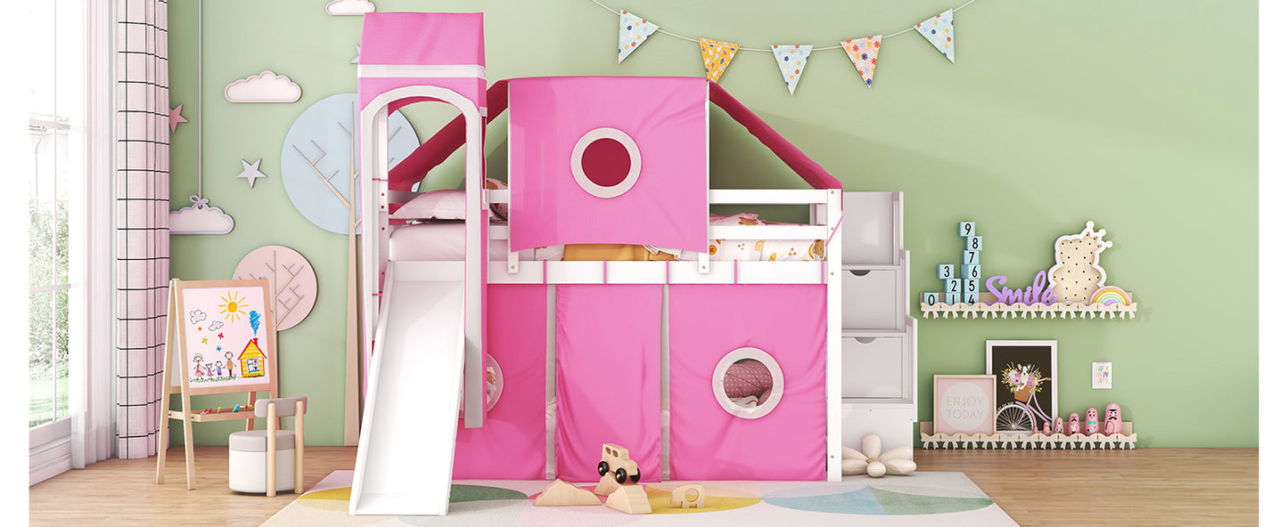 Full Size Loft Bed with Tent and Tower - Pink