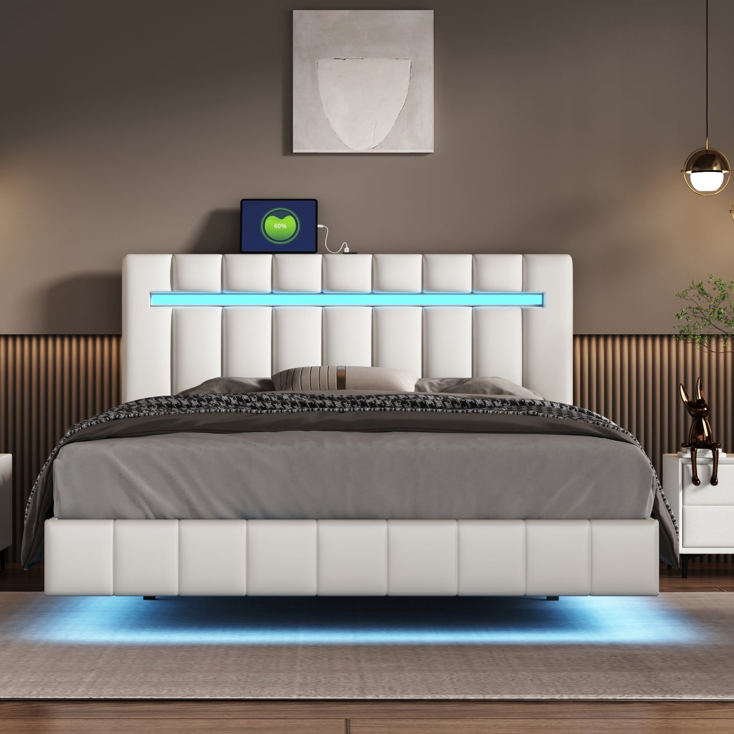 Queen Size Floating Bed Frame with LED Lights and USB Charging,Modern Upholstered Platform LED Bed Frame, White