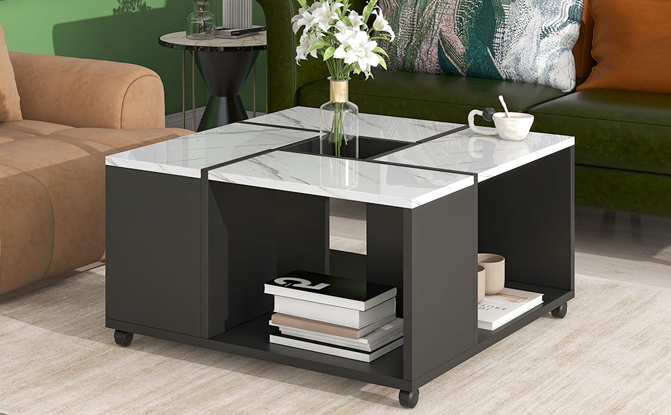 Luxurious Marble Design Coffee Table with Convenient Mobility, Ample Storage, and Modern Appeal