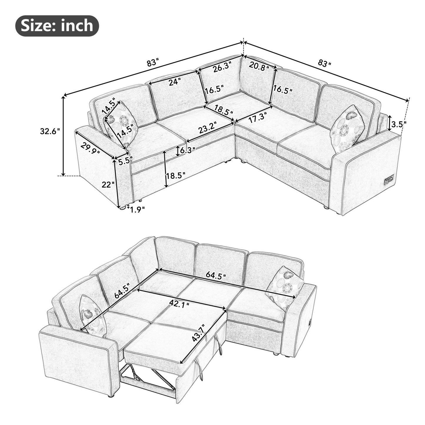 Modern L-Shaped Sleeper Sofa Bed with USB Ports and Pillows