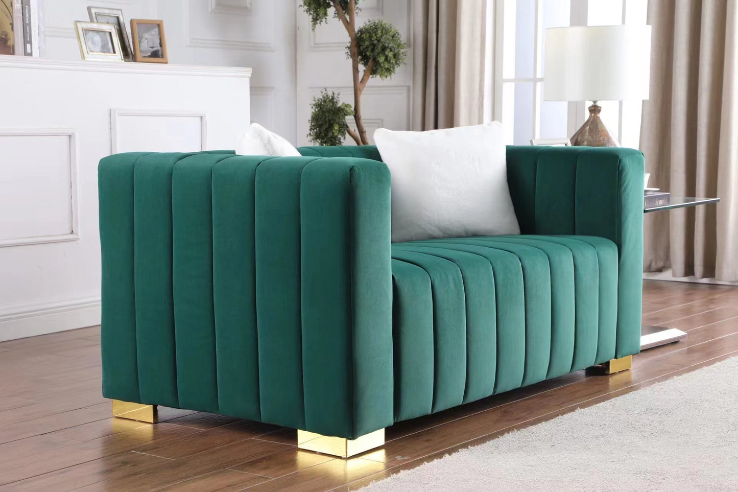 Chesterfield Inspired Dark Green Velvet Sofa Set with 3 Seater and Loveseat