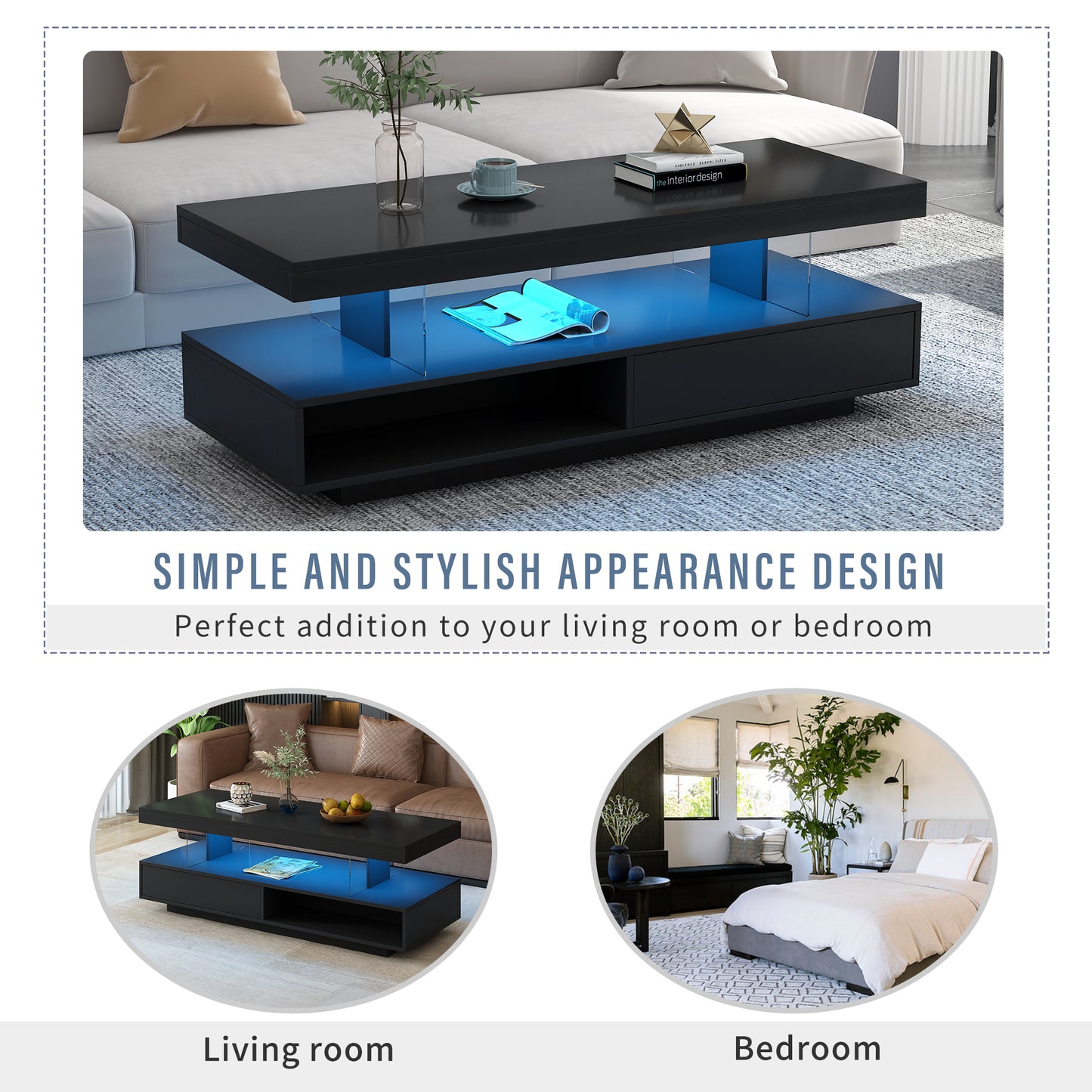 Modern Black LED Coffee Table with Storage and Display Shelves