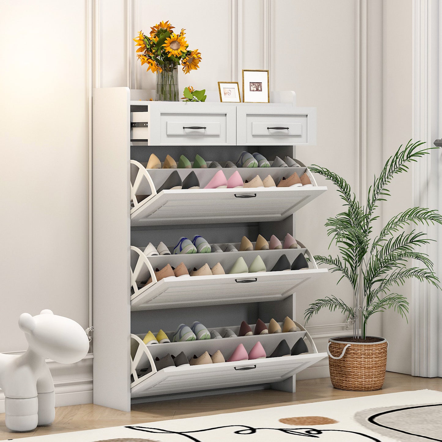 White color shoe cabinet  with 3 doors 2 drawers,PVC door with shape ,large space for storage