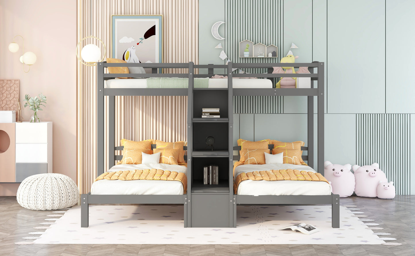 Gray Triple Twin Bunk Bed with Staircase and Storage Drawer