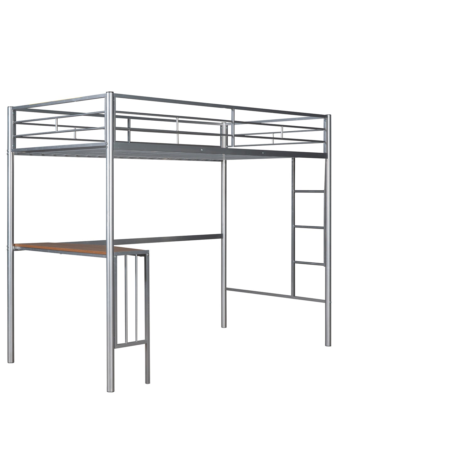 Silver Metal Twin Over Full Loft Bed with Integrated Desk and Ladder