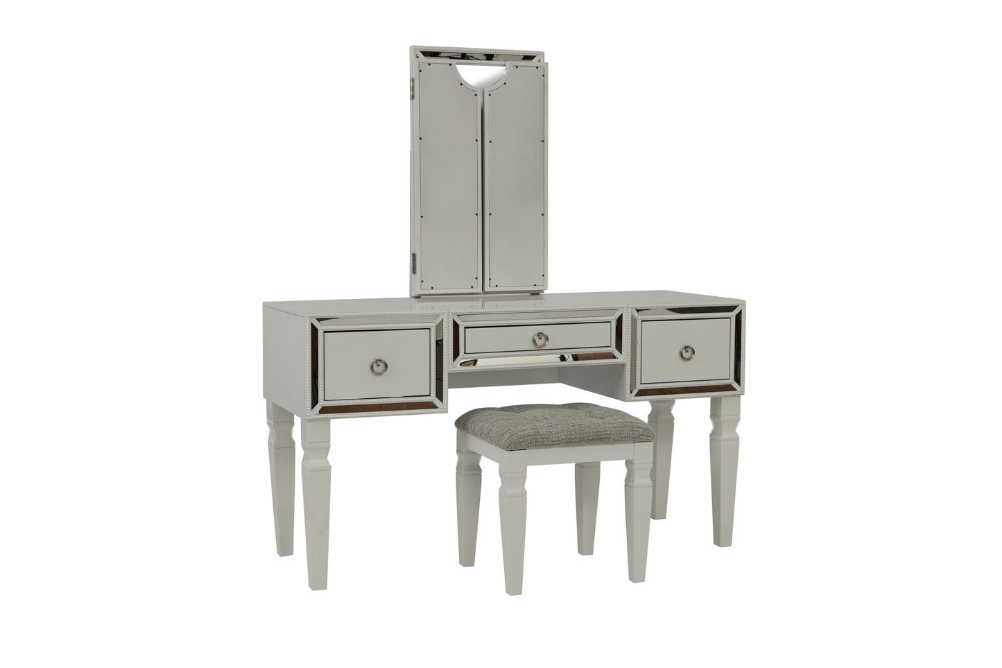 Luxurious Majestic Classic White Color Vanity Set w Stool 3-Storage Drawers 1pc Bedroom Furniture Set Tri-Fold Mirror