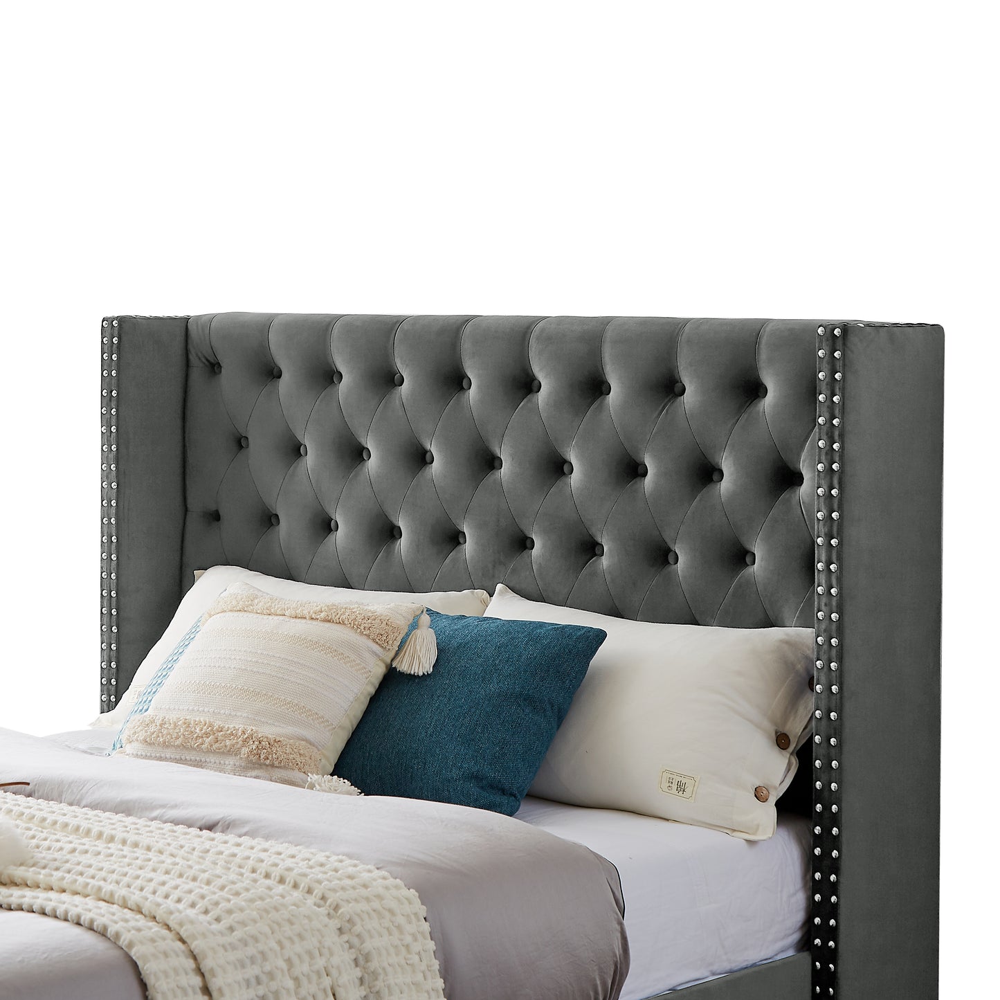 B100S Queen bed with one nightstand, Button designed Headboard,strong wooden slats + metal legs with Electroplate