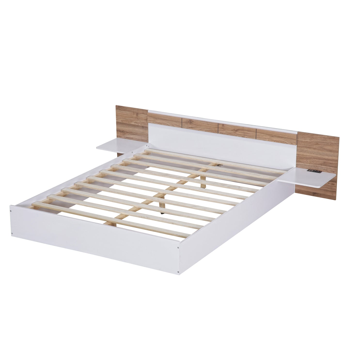 Queen Size Platform Bed with Headboard, Shelves, USB Ports and Sockets, White