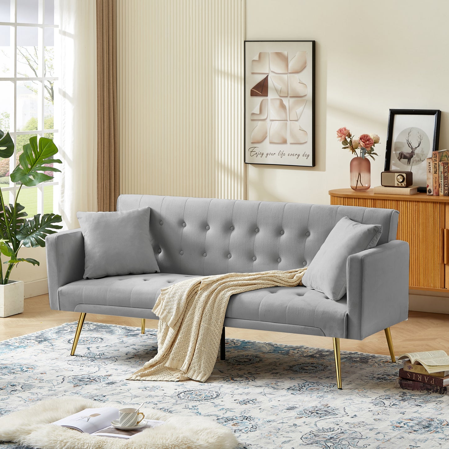 Morden Velvet Futon Sofa Bed for Living Room, Convertible 3 Adjustable Couch Loveseat with Metal Leg