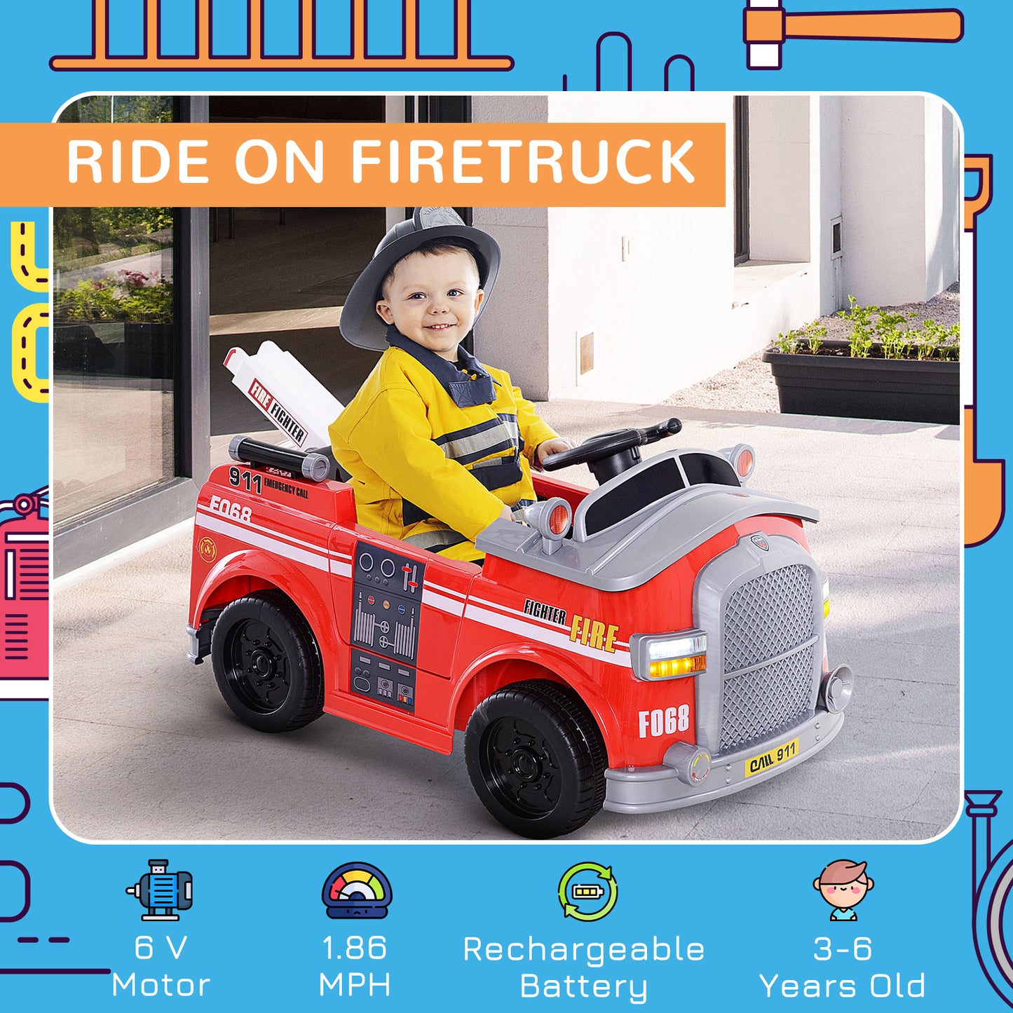 Electric Ride-On Fire Truck for Kids with Remote Control, Music, Lights, and Ladder