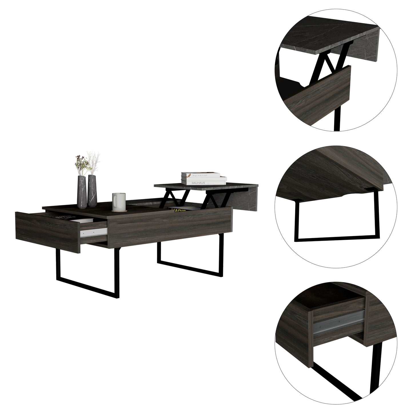 Dazza Lift Top Coffee Table with Hidden Storage in Carbon Espresso / Onyx Finish