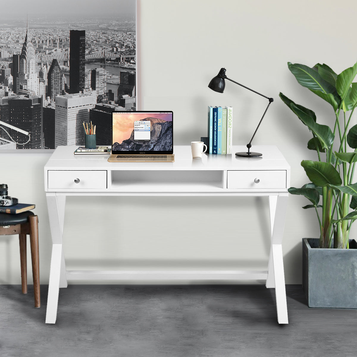 Adjustable Lift Desk with Storage Drawers, Contemporary Farmhouse Home Office Desk, White